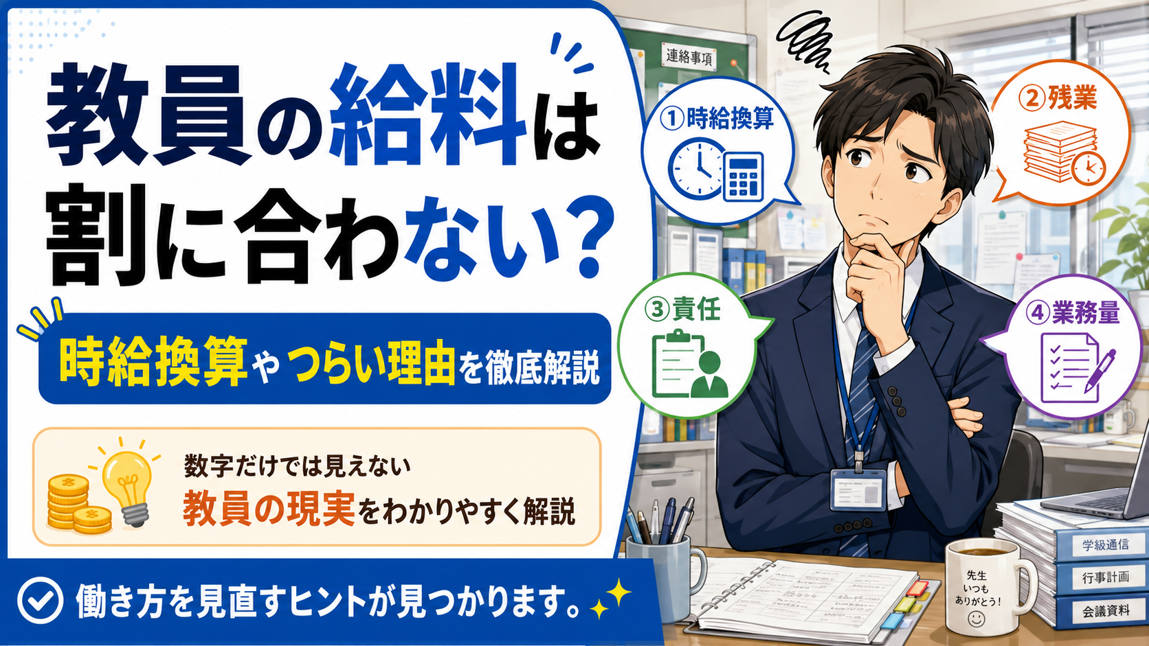 教員の給料は割に合わない？時給換算やつらい理由を徹底解説